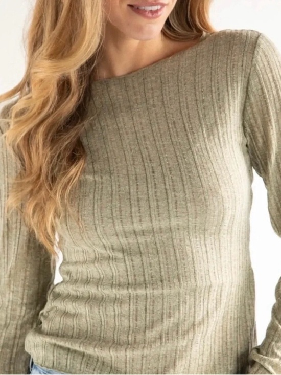 NATURAL LIFE Tops - NATURAL LIFE Sage Green Ribbed Long Sleeve Crewneck Top